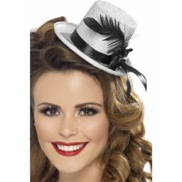 Mini Top Hat Silver With Black Ribbon & Feather