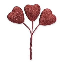 Glitter Hearts Red on Stem Red 24pcs Small