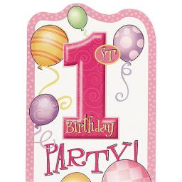 1st Birthday Pink Balloons Theme Party 8 Invites