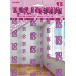 18th Birthday Hanging Pink Glitz Deco 6pcs