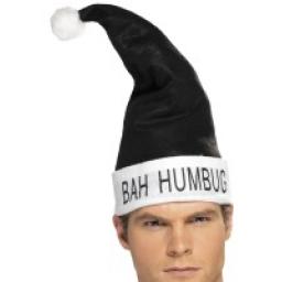 SANTA HAT BAH HUMBUG BLK FLEECE TRIM.CD