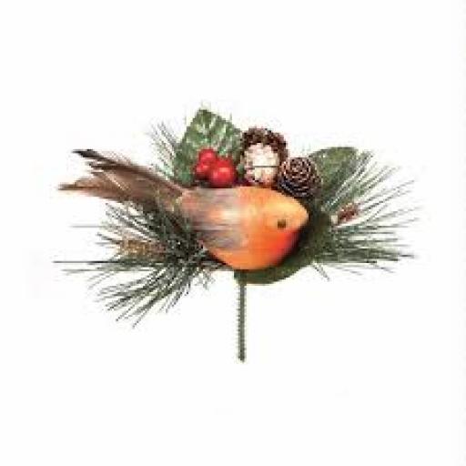 15cm Robin With Pine Cone Pick