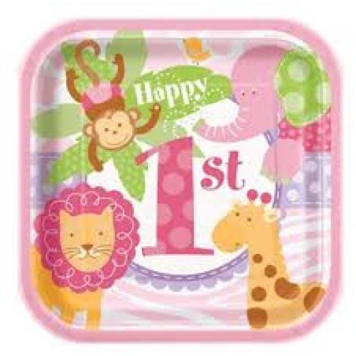 Pink Safary 1st Birthday Square Paper Plates 10ct