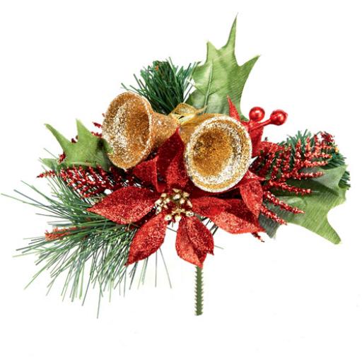 Poinsettia & Bells Artificial Pick