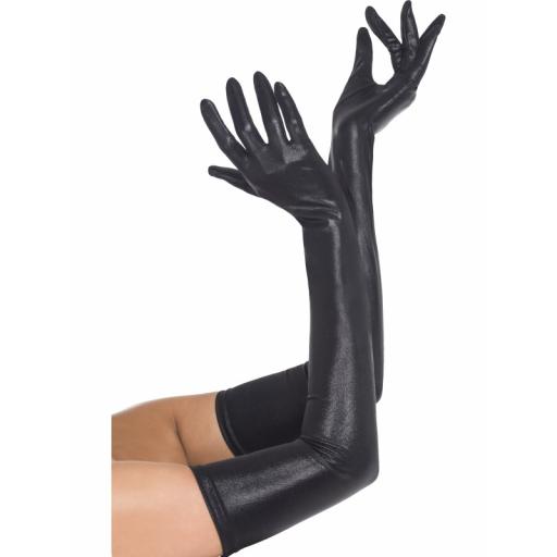 Fever Long High Shine Wet Look Black Gloves