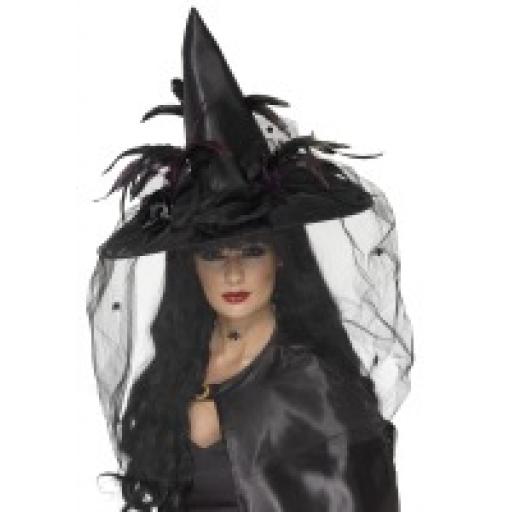 Black Deluxe Witch Hat Feathers and Netting