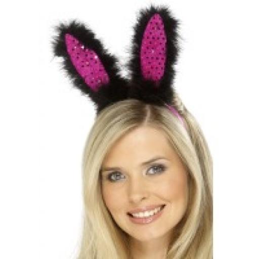 Flashing Bunny Ears Pink Black with Black Marabou