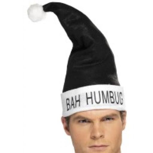 SANTA HAT BAH HUMBUG BLK FLEECE TRIM.CD