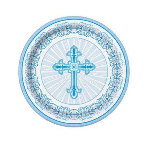 Radiant Cross Blue Communion Paper Plates 8ct 21.9 cm