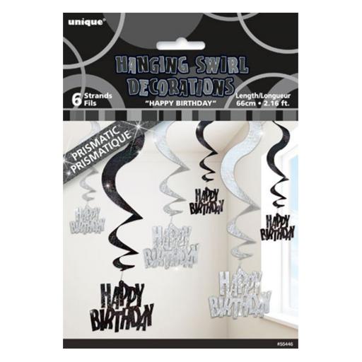 Black & Silver Glitzy Prismatic Happy Birthday 6 Hanging Decorations