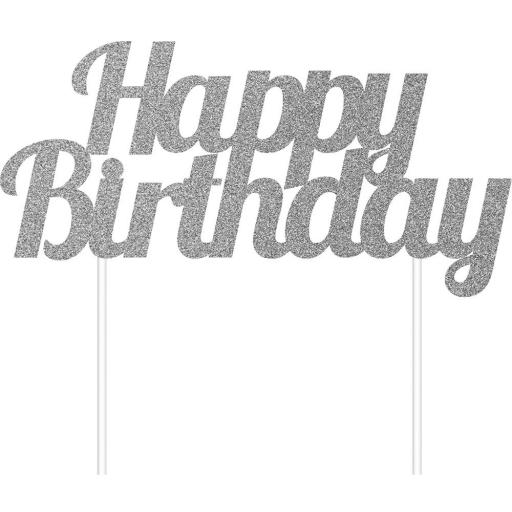 Silver Happy Birthday Glitter Cake Topper 7x3.5 inch