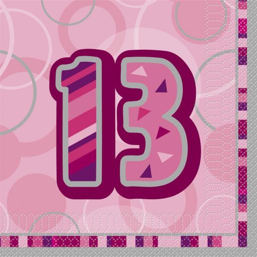 13th Birthday Pink Glitz Luncheon Napkins 13x13 inch 16ct 3ply