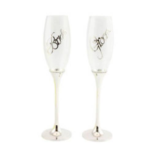 Silver Plated Stem Groom & Bride Design Champagne Drinking Glass Flutes