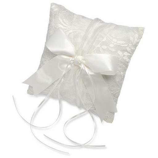 Ivory Satin Square Ring Cushion Lace/Ribbon 210 x 210 mm