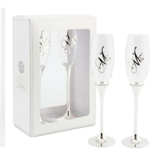 "Mr & Mrs" Wedding Glass & Silver Plated Champagne Flutes