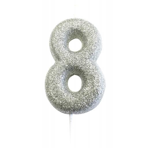 Age 8 Glitter Numeral Moulded Pick Candle Silver