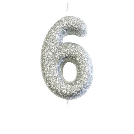 Age 6 Glitter Numeral Moulded Pick Candle Silver