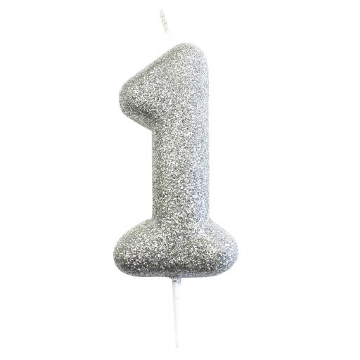 Age 1 Glitter Numeral Moulded Pick Candle Silver