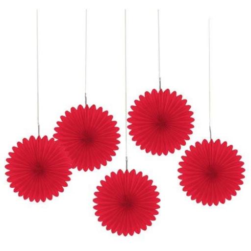 5 Red Mini Paper Fan Decorations