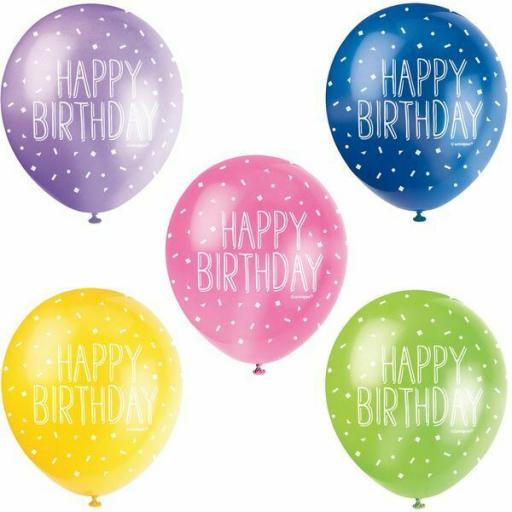 5 Assorted Pearlised Colour Happy Birthday 12" Latex Balloons