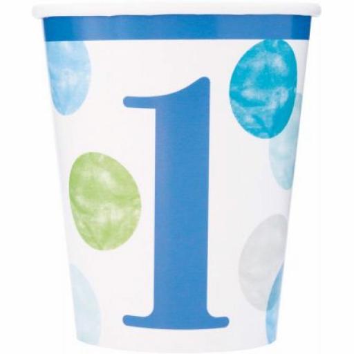 8 Green & Blue Dots 1st Birthday Cups 270ml