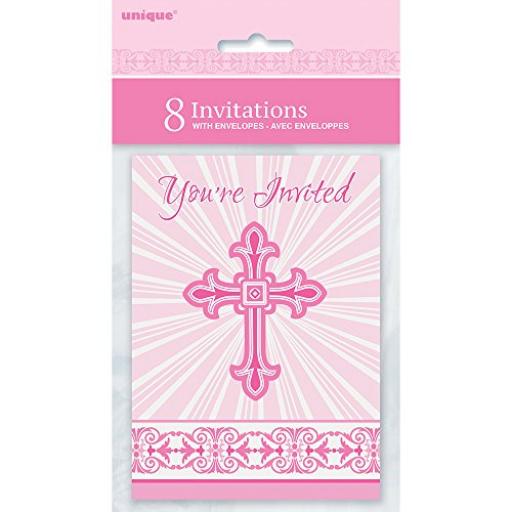 Pink Radiant Cross Invitations & Envelopes 8pk