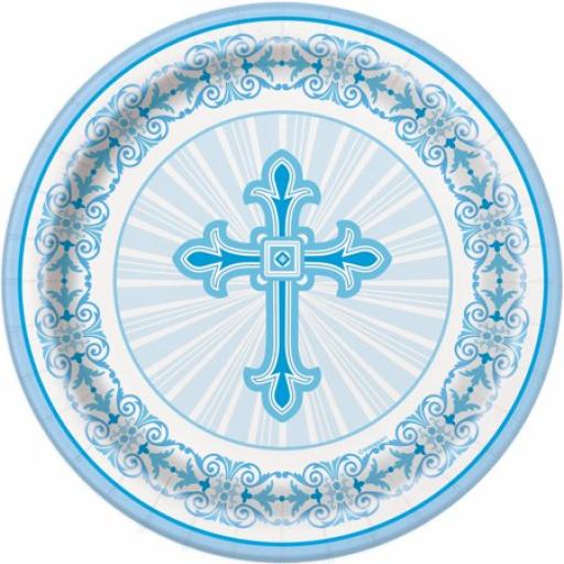 Communion Christening Blue Paper Plates 8ct