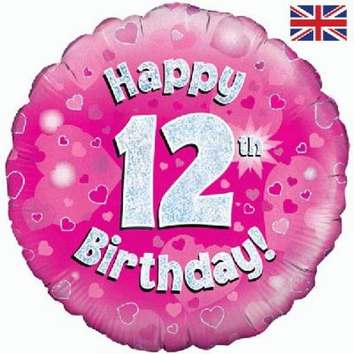 Happy 12th Birthday Pink Holographic Foil Balloon