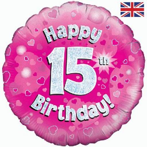 18" Happy 15th Pink Holographic Foil Balloon