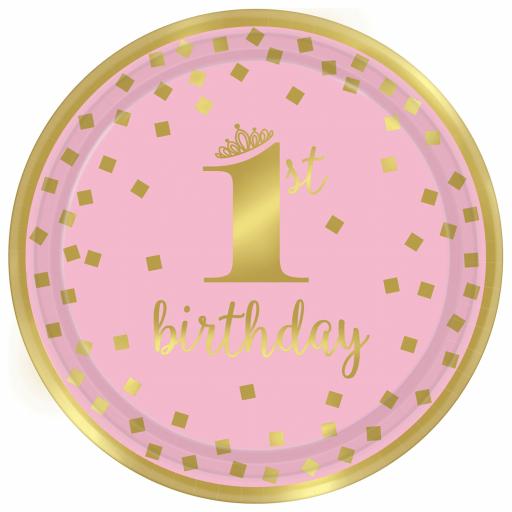 1st Birthday Girl Pink & Gold Metallic Paper Plates 23cm - 8