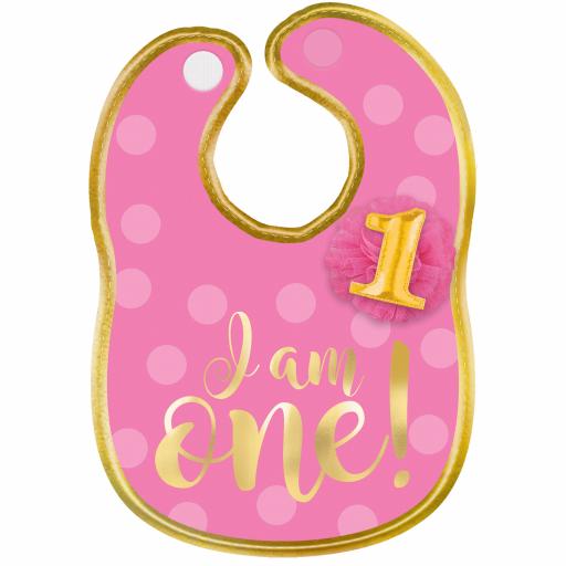 1st Birthday Girl "I Am One" Polyester Bib with Gold Hot Stamped Lettering