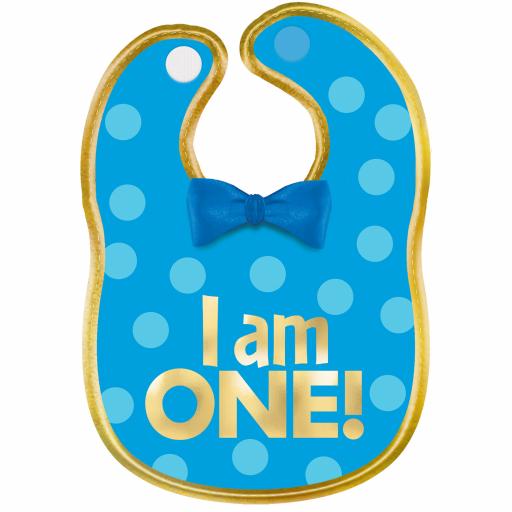 1st Birthday Boy "I Am One" Polyester Bib with Gold Hot Stamped Lettering