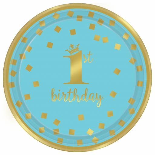 1st Birthday Boy Blue & Gold Metallic Paper Plates 23cm.jpg