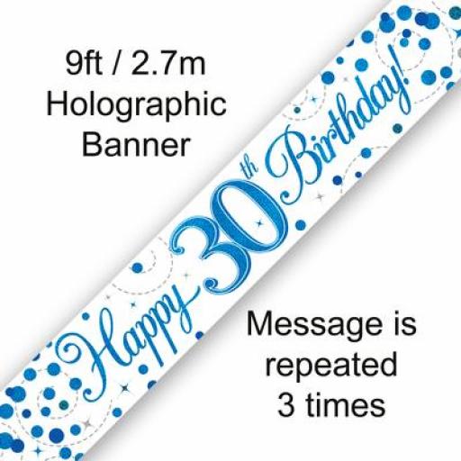 30th Happy Birthday Blue Holographic Banner 2.7 M Long