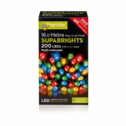 200 Multi Action Multicoloured Led Lights clear cable 20m