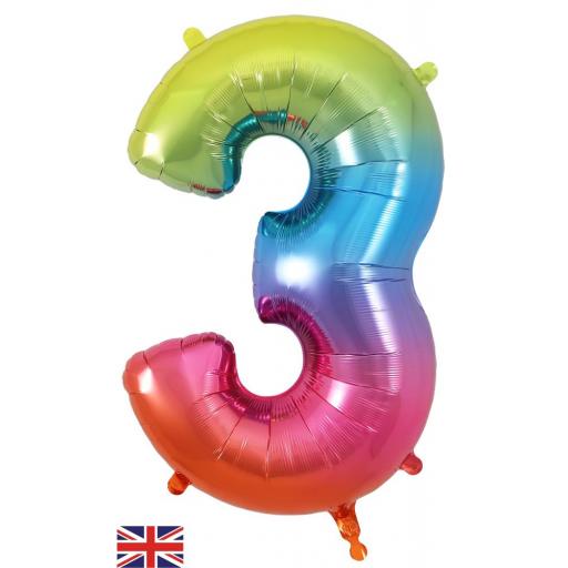 34" Number 3 Rainbow Foil Balloon