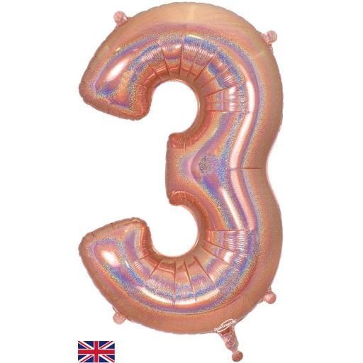 34"Number 3 Holographic Rose Gold Foil Balloon