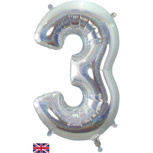 34" Number 3 Holographic Silver Foil Balloon