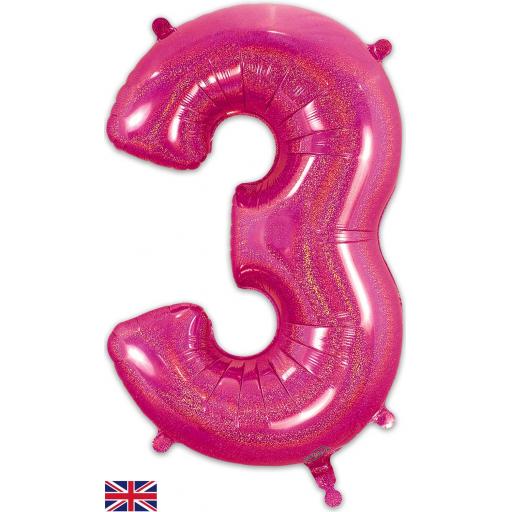 34"Number 3 Holographic Pink Foil Balloon