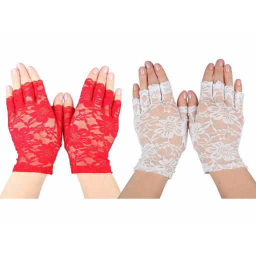 Ladies Short Lace Fingerless Gloves - White 1980s Fancy Dress