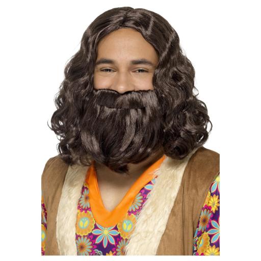 Hippie/Jesus Wig & Beard Set, Brown