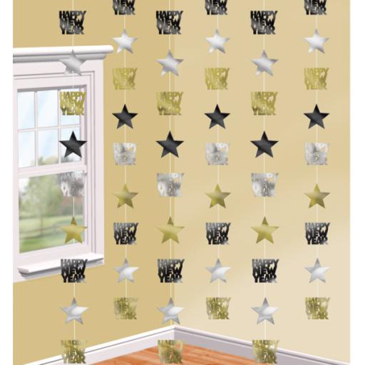 Black, Silver & Gold Happy New Year Star Strings - 12 PKG/6