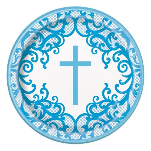 8Pk 9in Fancy  Blue  Cross  Round  Plates