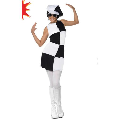 60s Party Girl Costume, Black & White, with Dress and Hat Size Large