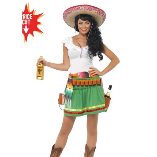 Tequila Shooter Girl Costume, Green, with Dress, Striped Belt and Belt with Holsters Size Medium