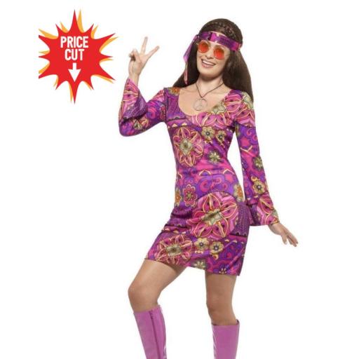 Hippie Chick Costume, Multi-Coloured, with Dress, Headscarf & Medallion Size Medium