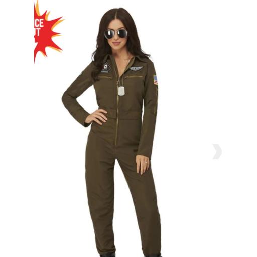 Top Gun Maverick Ladies Aviator Costume, Green, with Jumpsuit & Changeable Name Badges Size S