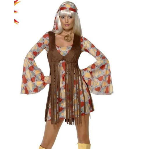 60s Groovy Baby, Patterned, with Dress and Fringe Waistcoat and Head Scarf Size Medium