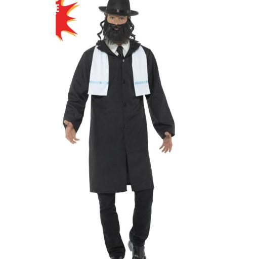 Rabbi Costume, Black, with Jacket, Scarf, Hat & Beard Size L