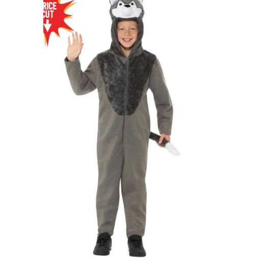 Wolf Costume, Grey, with Hooded Jumpsuit Size 7-9 Years